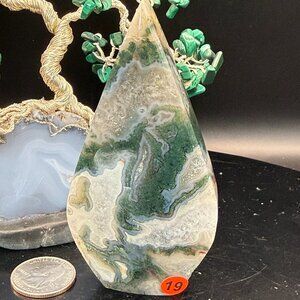Moss Agate Flame Stand Druzy Quartz: 4.14" Tall #19